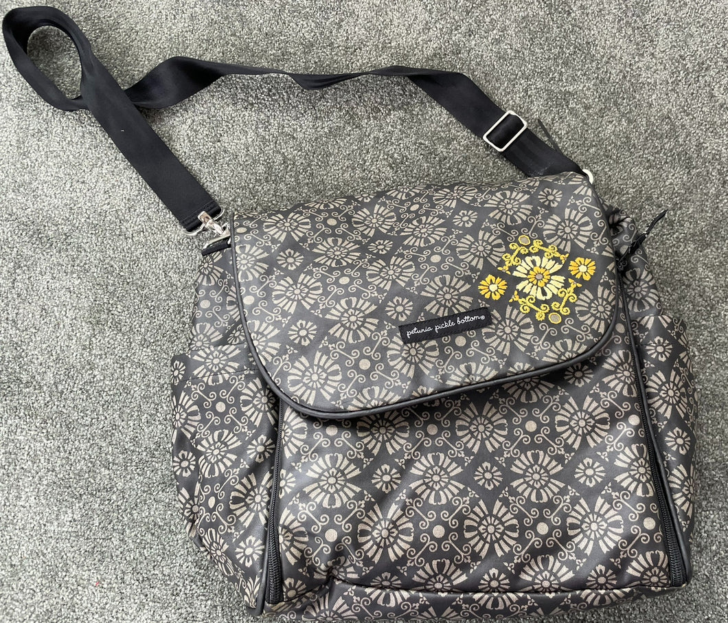Petunia Pickle Bottom Boxy Backpack Damask Print Black Gray Yellow Embroidered One Size