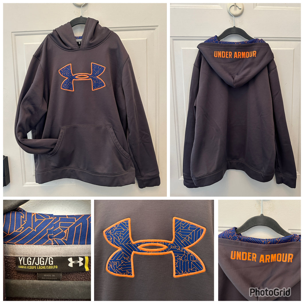 Under Armour charcoal grey hooded sweatshirt with royal blue and orange logo.  Size Youth Large, L. Large