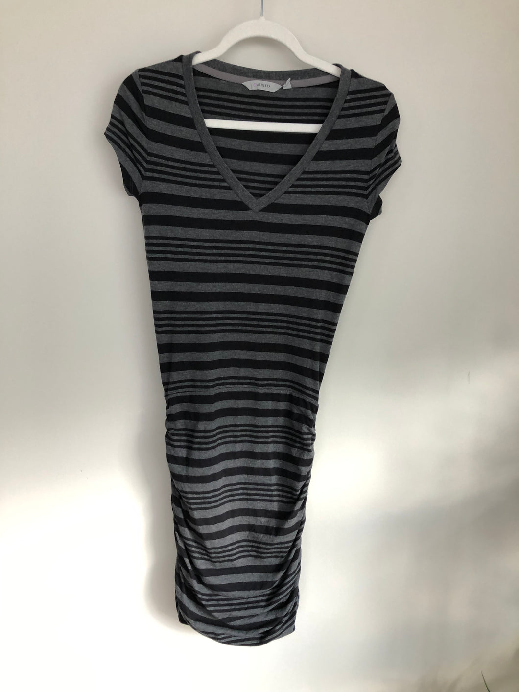 Athleta Topanga Black/Gray Striped Ruched Athletic Dress Adult XS