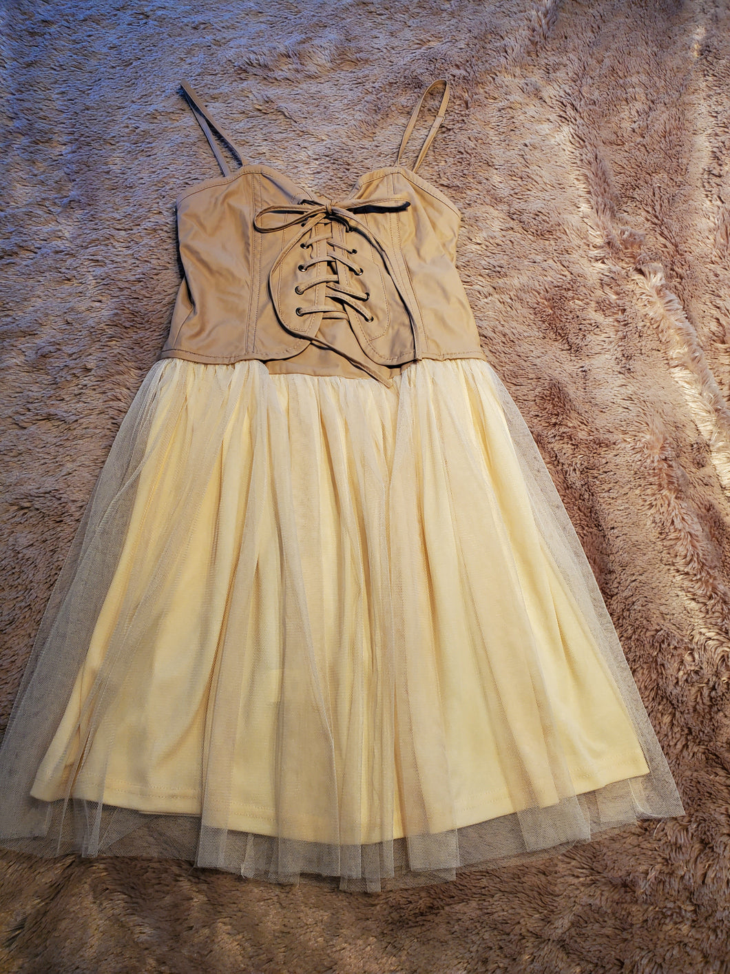 Mustard Seed dress, taupe faux leather lace up top, cream tulle skirt, size Small Small