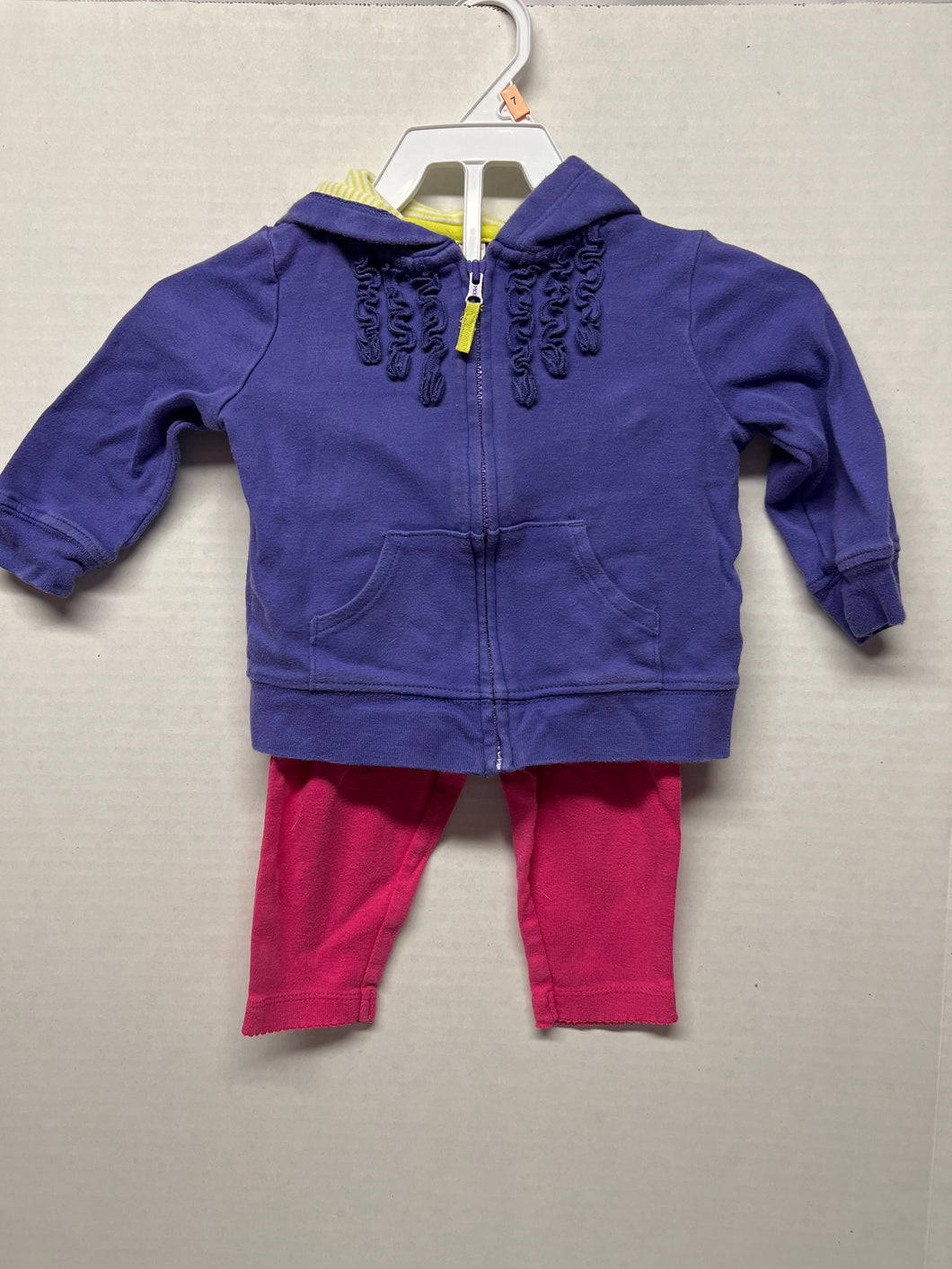 Carters two piece outfit purple zip up hoodie sweatshirt with ruffles and pink leggings 9 months