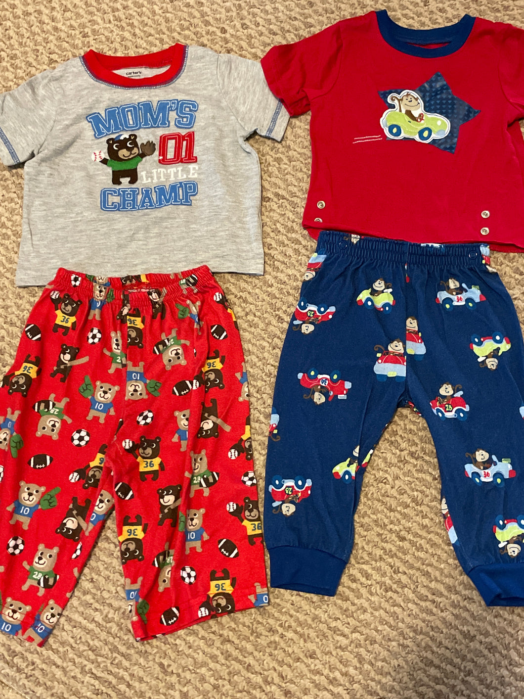 Carters 12 month set of two short sleeved  PJs monkey MVP race car  12 months