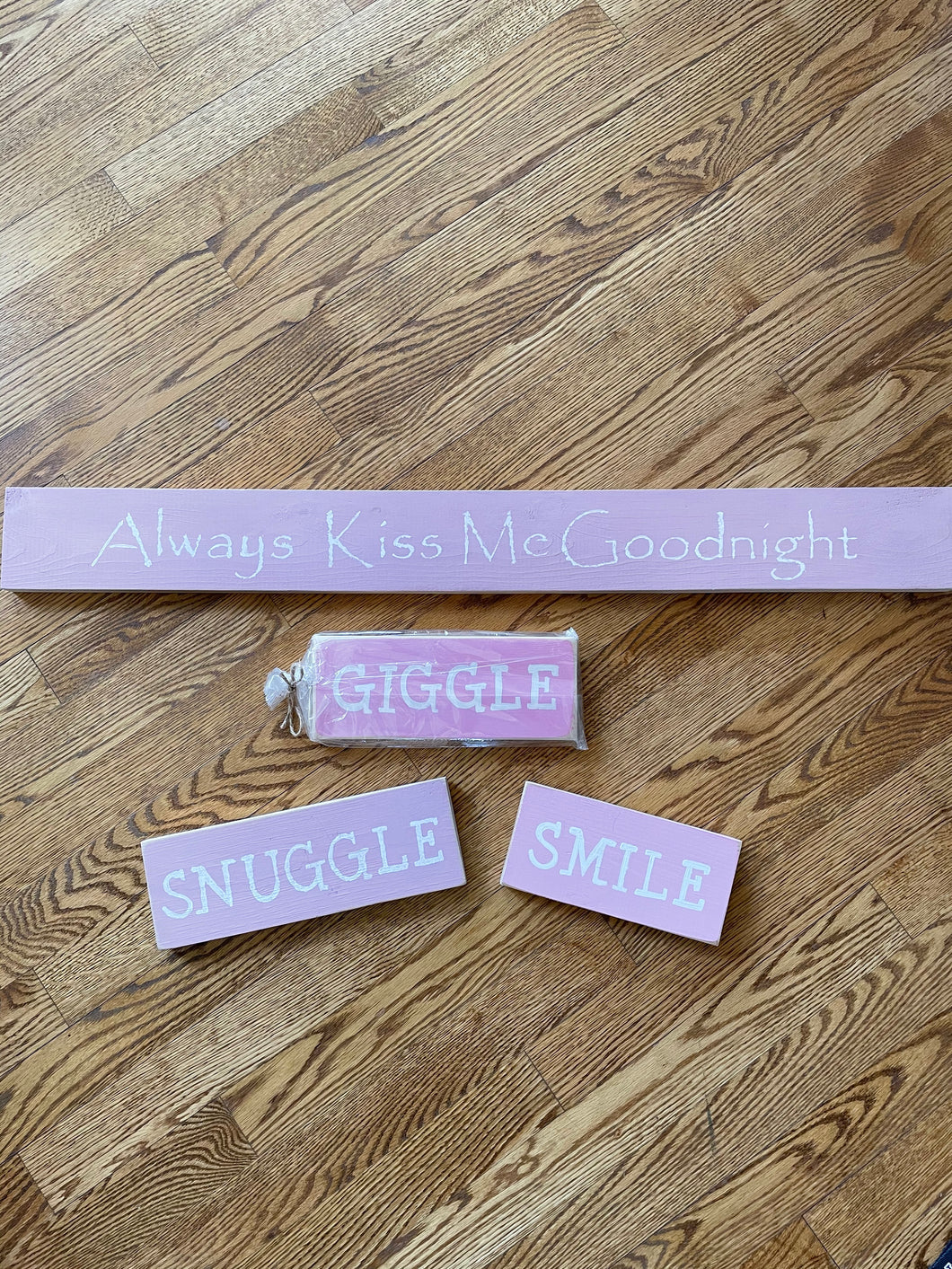 New! 4 Adorable wooden signs in pink hues (Retails $33) - Always Kiss Me Goodnight, Giggle, Snuggle, Smile