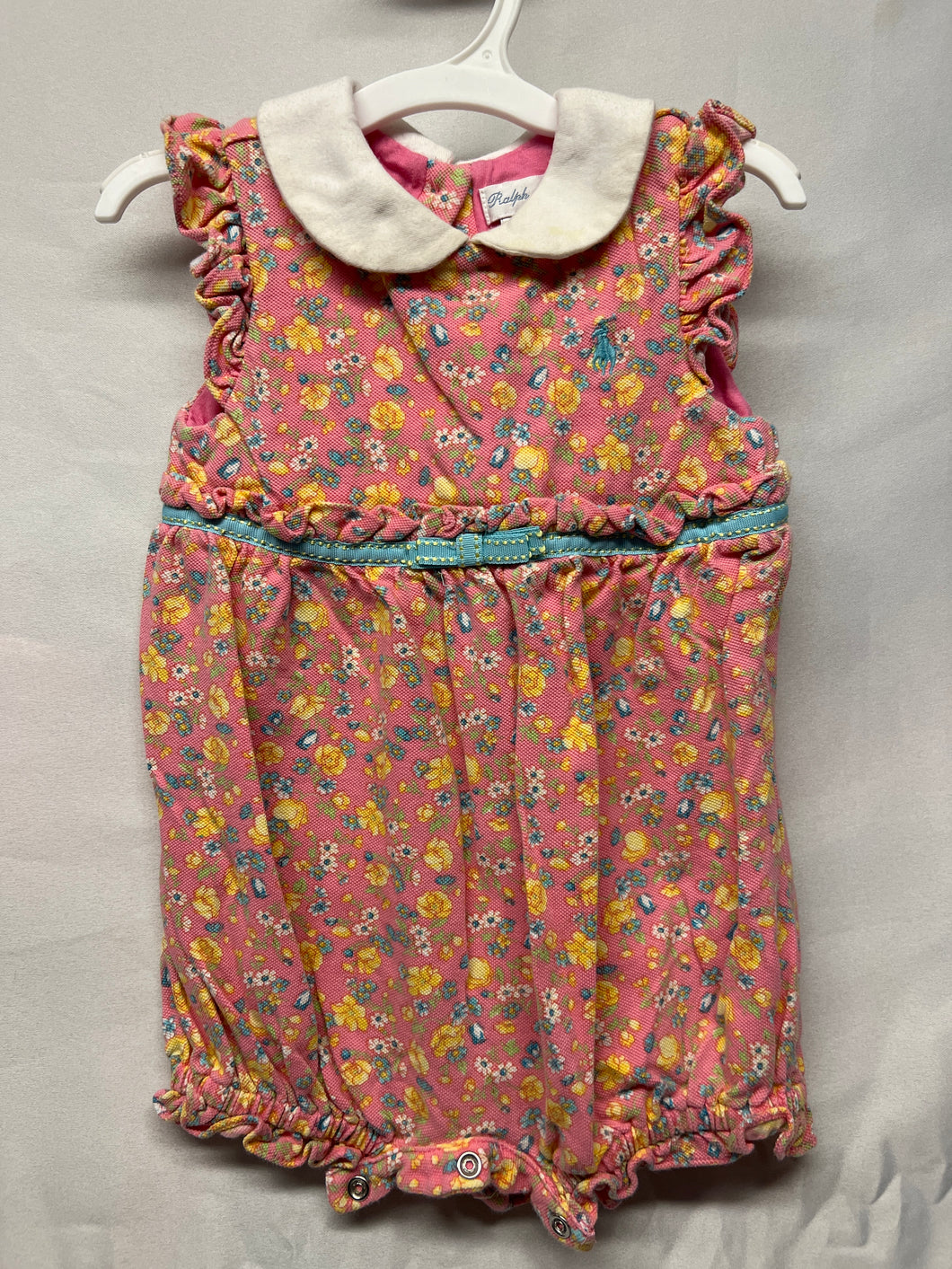 Ralph Lauren romper, white collar, pink with yellow flowers blue ribbon across 9 months